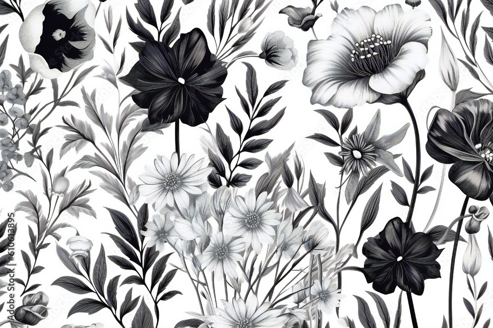 Floral botanical background with hand drawn elements of black and white realism and monochromatic sketches Generative AI Floral botanical background with hand drawn elements of black and white realism and monochromatic sketches Generative AI