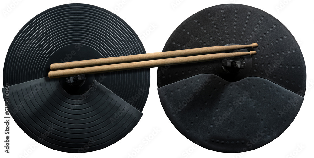 Two black cymbals of an electronic drum kit and a pair of wooden drumsticks, isolated on white or transparent background. Percussion instrument concept. Png. Two black cymbals of an electronic drum kit and a pair of wooden drumsticks, isolated on white or transparent background. Percussion instrument concept. Png.