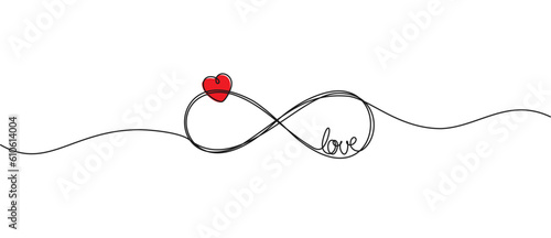 continuous single line drawing of infinity symbol with word LOVE and heart shape, eternal love line art vector illustration