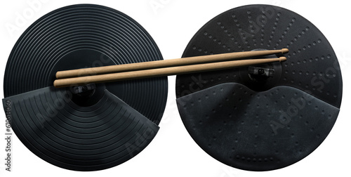 Two black cymbals of an electronic drum kit and a pair of wooden drumsticks, isolated on white or transparent background. Percussion instrument concept. Png.