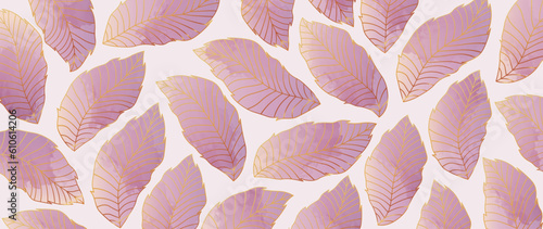 Abstract art, tropical pink leaves. Luxurious wallpaper with watercolor, tropical leaf, palm leaf, vibrant foliage, exotic and golden hue. For wall decor, print, cover, background.