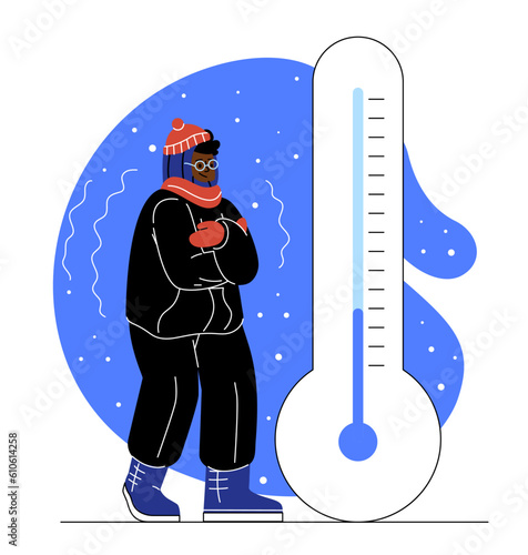 Woman in cold weather concept. Young girl freezing in winter jacket and hat with gloves near thermometer with low temperature indicator. Character in winter season. Cartoon flat vector illustration
