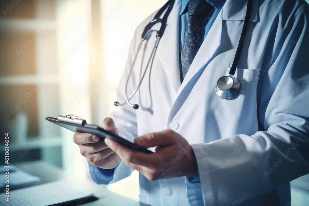 Doctor in lab coat with stethoscope holding tablet reading patient data. Generative Ai Doctor in lab coat with stethoscope holding tablet reading patient data. Generative Ai