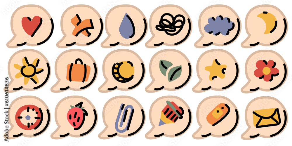 A large set of stickers for social networks with a flat design in the form of a speech bubble. Isolated vector illustrations for online communication, social networks, web design, mobile messaging A large set of stickers for social networks with a flat design in the form of a speech bubble. Isolated vector illustrations for online communication, social networks, web design, mobile messaging