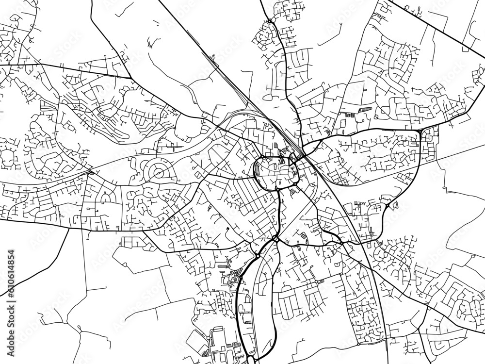 A vector road map of the city of  Nuneaton in the United Kingdom on a white background.
