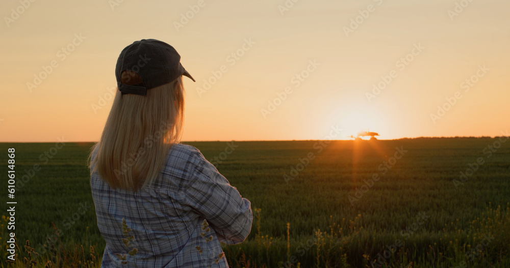 Farmer looks at her wheat field, where a tractor is working in the distance. Silhouette at sunset Farmer looks at her wheat field, where a tractor is working in the distance. Silhouette at sunset