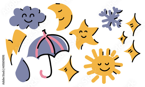 A set of cute little stickers with stylish illustrations. Fashionable cozy elements in the weather theme. Perfect for social media posts and postcards. All elements are isolated. Daily planner