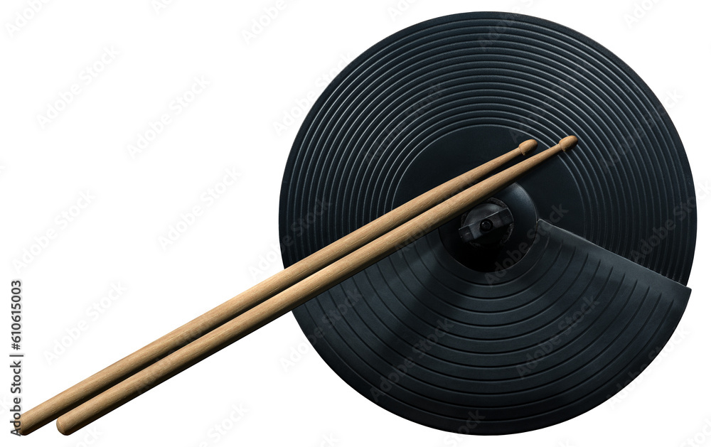 Black cymbal of an electronic drum kit and a pair of wooden drumsticks, isolated on white or transparent background. Percussion instrument concept. Png. Black cymbal of an electronic drum kit and a pair of wooden drumsticks, isolated on white or transparent background. Percussion instrument concept. Png.