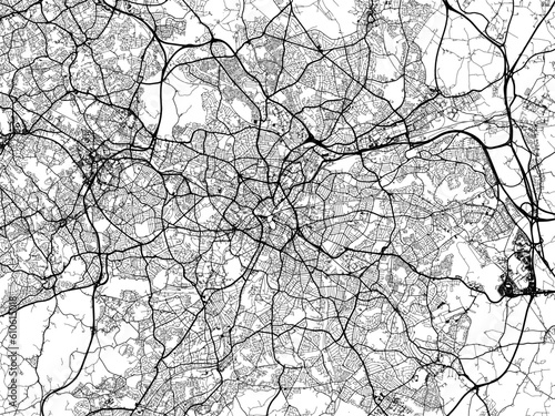 A vector road map of the city of Birmingham in the United Kingdom on a white background.