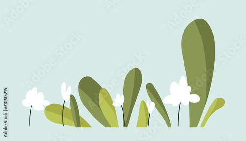 Cute white flowers with grass concept. Aesthetics and elegance. Symbol of spring season, flora. Sticker for social media and messengers. Cartoon flat vector illustration isolated on blue background