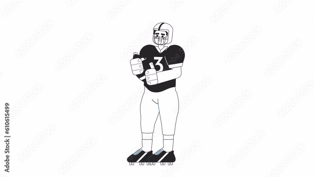 Animated bw rugby player. American football quarterback with helmet throwing isolated 2D