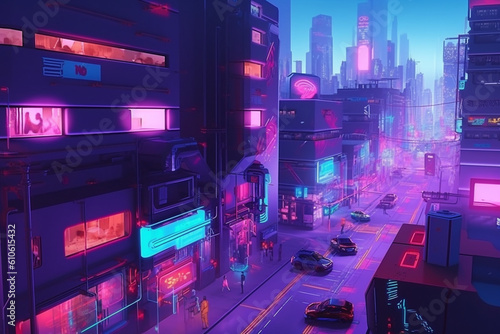 Metaverse Cyberpunk Style City With Robots Walking On Street Neon Lighting On Building Exteriors Flying Cars And Drones