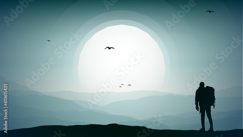 Travelers climb with backpack  a Man hiking in the mountains with backpack  person with backpack for hiking silhouette vector  silhouette of a person in the mountains