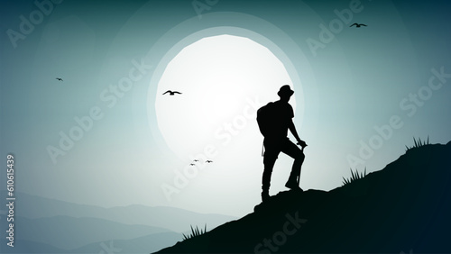 Travelers climb with backpack, a Man hiking in the mountains with backpack, silhouette of a person in the mountains, person with backpack for hiking silhouette vector