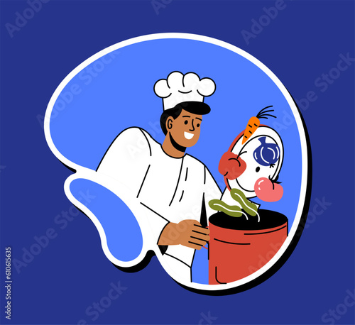 Cook with vegetables sticker concept. Man in chefs hat near pan. Young guy cooking soup. Cafe or restaurant worker with food. Cartoon flat vector illustration isolated on blue background