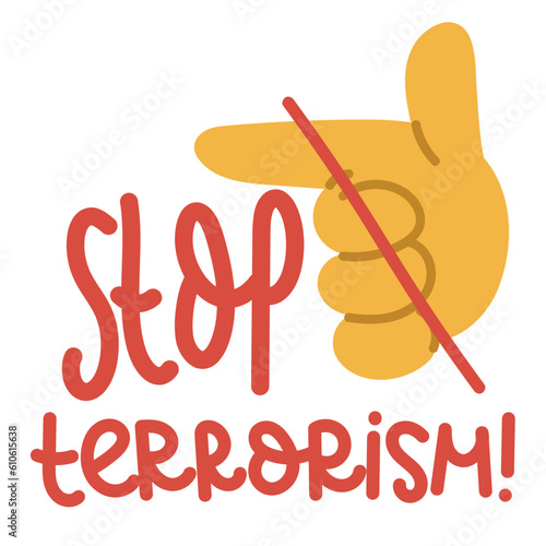 A banner depicting a large cartoon hand with a pistol sign on it. The hand is clenched into a fist, and the thumb and index fingers are open which indicates the presence of weapons no terrorism square