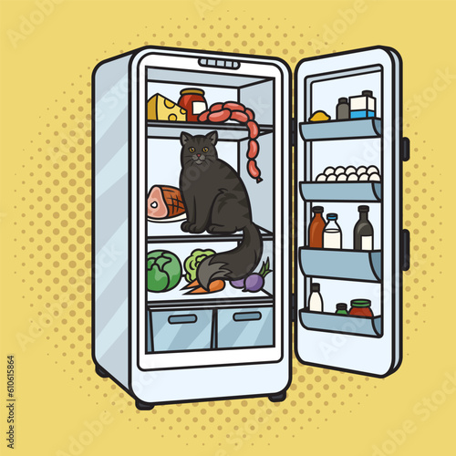 cat in the fridge with food pinup pop art retro vector illustration. Comic book style imitation.