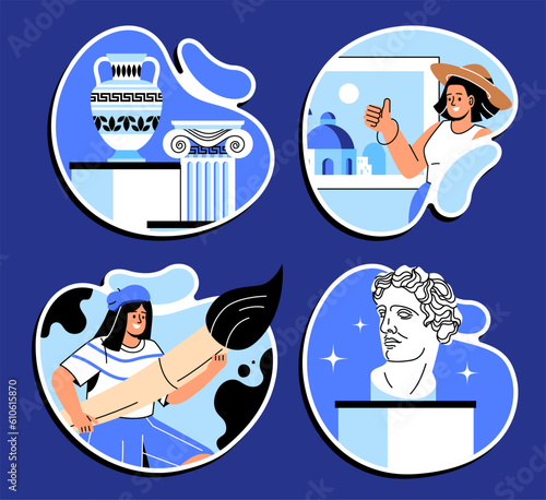 People in museums stickers set. Exhibition of paintings and sculptures, artistic creativity and art gallery. Cultural rest and leisure. Cartoon flat vector collection isolated on blue background