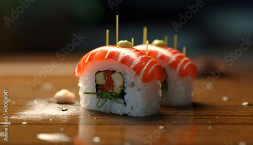 Artistic recreation of sushi rolls with salmon and white rice. Illustration AI photo