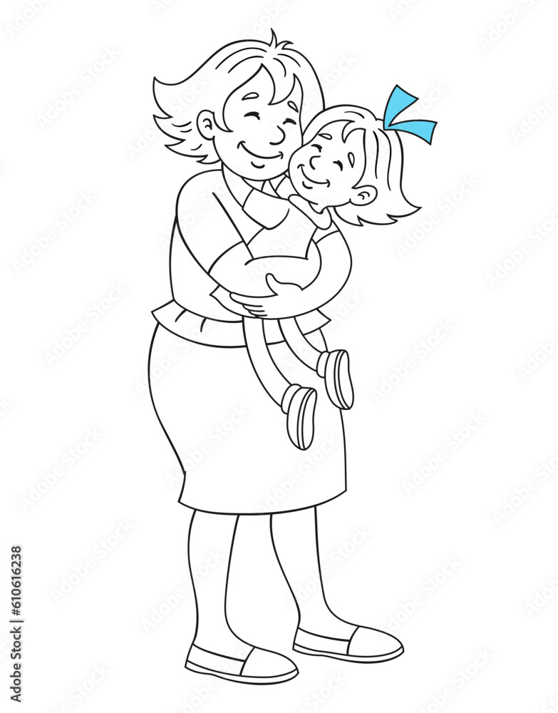 Happy mom holds her little daughter in her hands. They stand embracing. Black and white picture with blue accent. In cartoon style. Isolated on white. Vector illustration for coloring book. Happy mom holds her little daughter in her hands. They stand embracing. Black and white picture with blue accent. In cartoon style. Isolated on white. Vector illustration for coloring book.