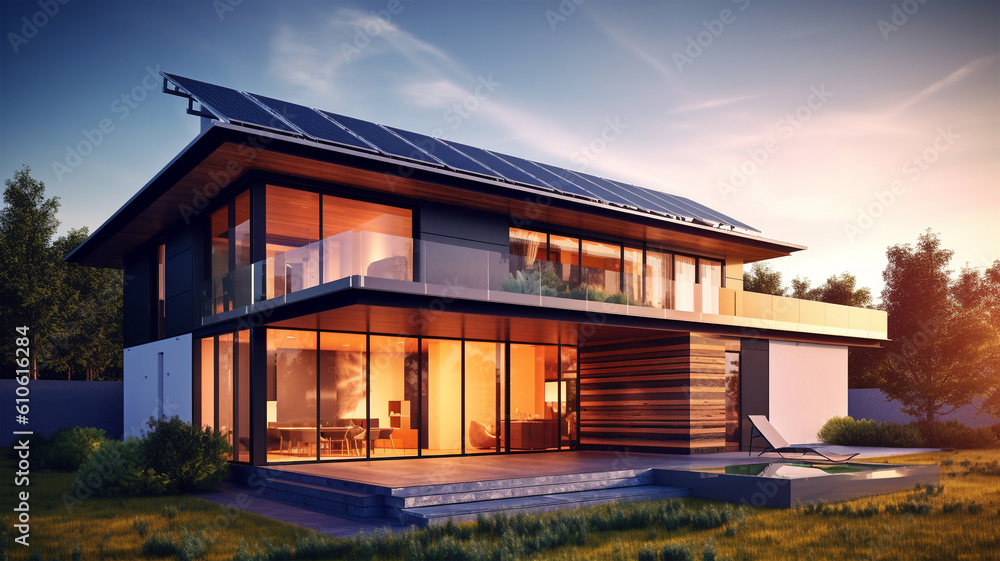 House with solar panels on the roof, sustainability, green technology