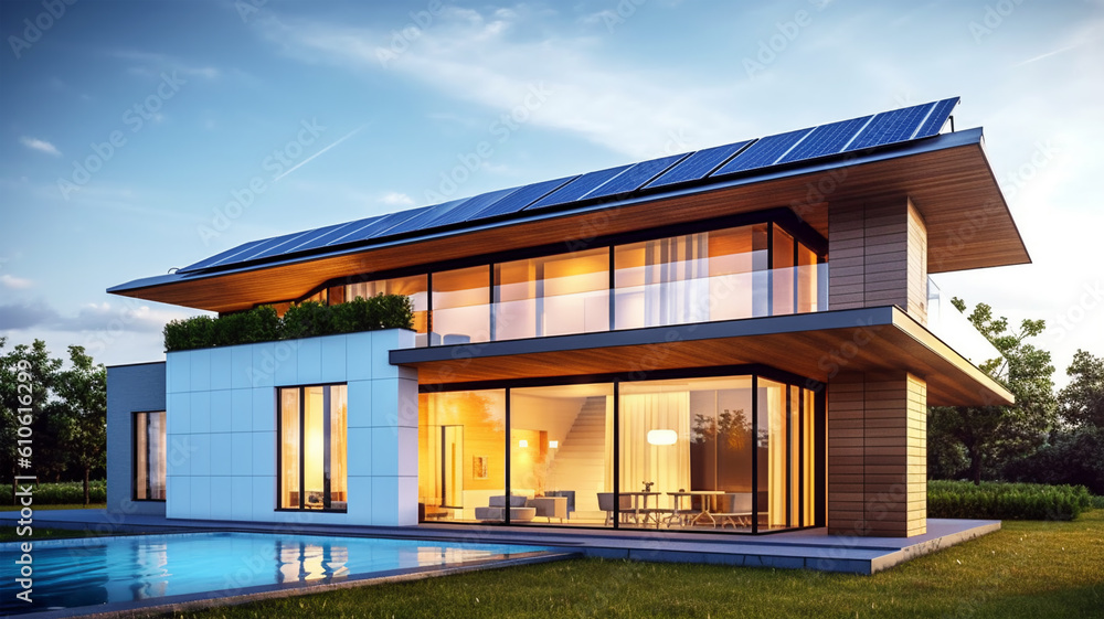 House with solar panels on the roof, sustainability, green technology House with solar panels on the roof, sustainability, green technology