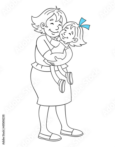 Happy mom holds her little daughter in her hands. They stand embracing. Black and white picture with blue accent.  In cartoon style. Isolated on white.  Vector illustration for coloring book.