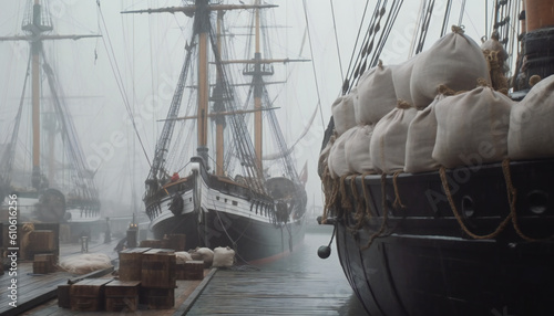 Ancients merchants sailing ship loaded with white bags with merchandise in the port on a fog morning. Illustration AI photo