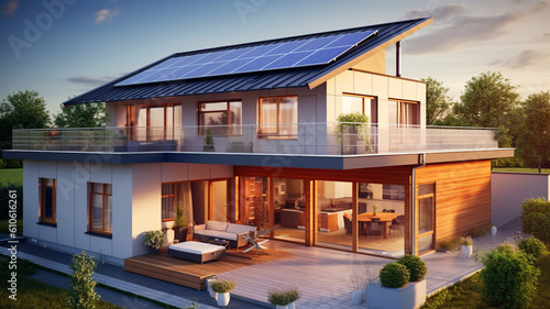House with solar panels on the roof, sustainability, green technology