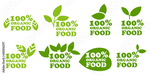 Organic natural bio labels icon set, healthy food icons, 100 organic food, fresh organic vegetarian food. Vector illustration. Printing on packaging for goods in stores. A sign of naturalness