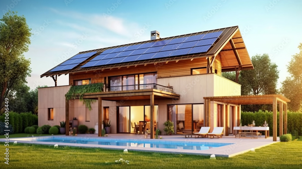 House with solar panels on the roof, sustainability, green technology House with solar panels on the roof, sustainability, green technology