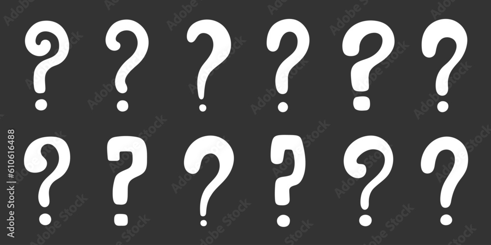 Question mark set hand drawn in simple style, vector illustration. Icon question symbol for print and design. Quiz and Exam concept, isolated elements on a black background. Graphic sign ask and fqa Question mark set hand drawn in simple style, vector illustration. Icon question symbol for print and design. Quiz and Exam concept, isolated elements on a black background. Graphic sign ask and fqa