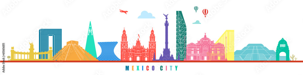 Mexico City historical monuments and famous places travel destination flat vector illustration