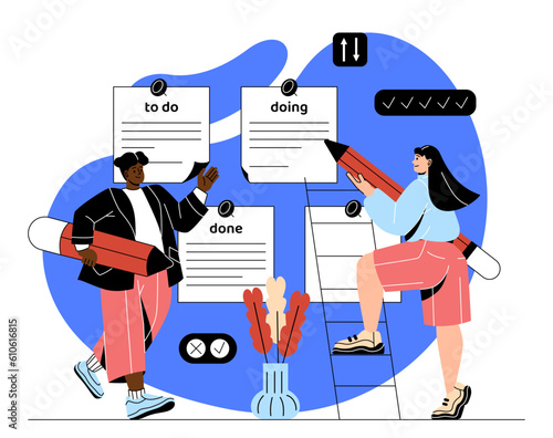 People with project management concept. Man and woman with documents and stickers mark completed tasks. To do list. Planning and setting goals, organizing workflow. Cartoon flat vector illustration