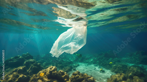 Plastic pollution. Discarded plastic bag floats in ocean. Generative AI © piai