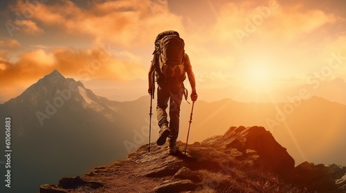 A male hiker stands on the peak of a cliff high in the mountains and looks out at the sunset. Generative Ai.