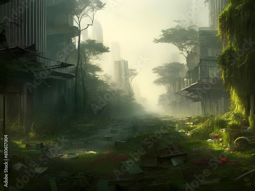 Abandoned modern city overgrown with trees and plants, apocalyptic fantasy concept art. generative ai illustration. generative ai
