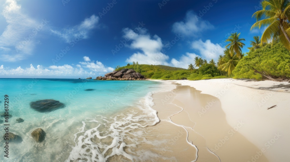 A sun-drenched beach with turquoise waters and powdery white sand