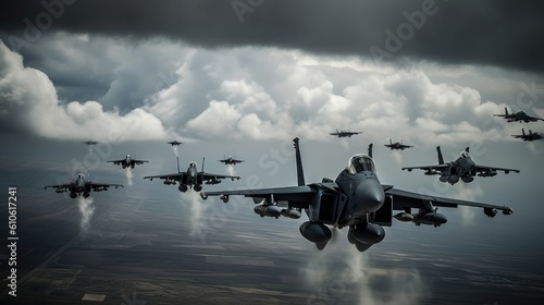 A squadron of fighter jets darting through a cloudy sky, leaving trails of white smoke against the vibrant blue canvas