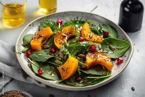 Roasted pumpkin salad with cheese and herbs in plate. Ai generative