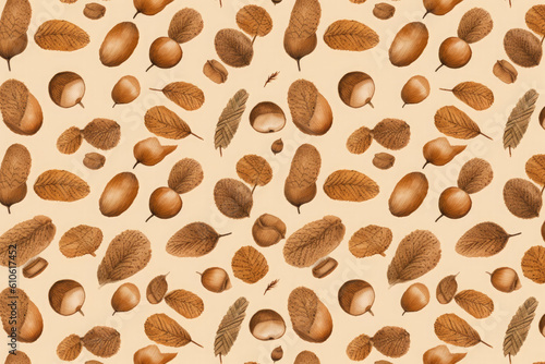 autumn pattern background with acorns and autumn leaf. Ai generative