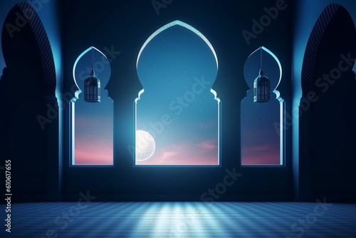 Moon light shine through the window into islamic mosque interior, Ramadan Kareem islamic background photo