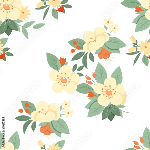 Seamless retro pattern of pastel flowers with leaves on a white background
