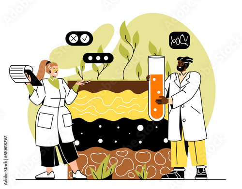 Woman and man analyzing soil. Doctors and scientists with test tube conduct chemical experiments in laboratory. Farming and agriculture, medicine and science. Cartoon flat vector illustration