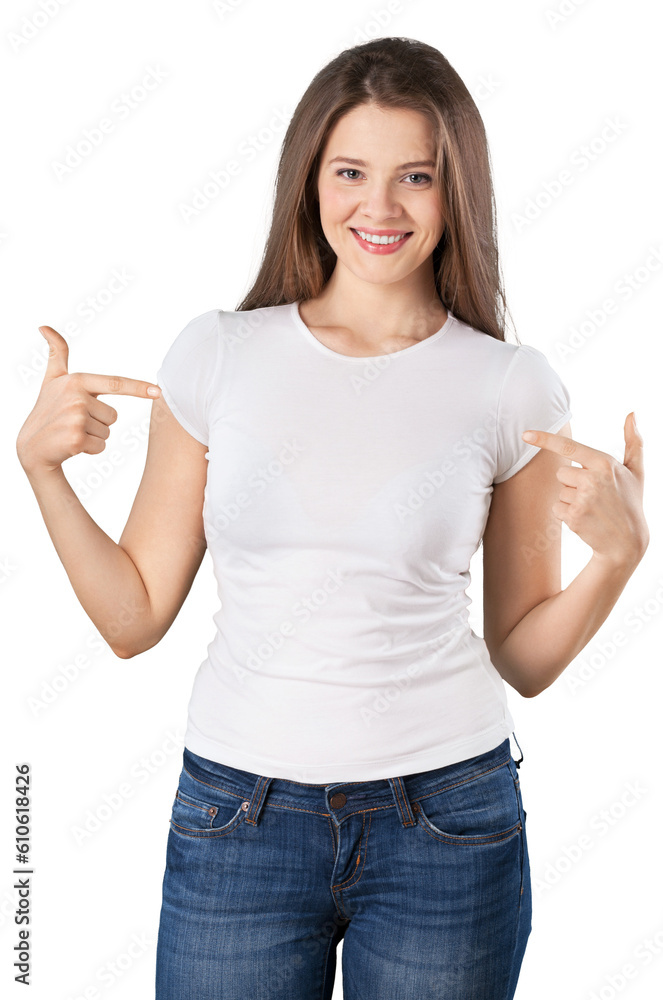 A Woman pointing up with her finger A Woman pointing up with her finger