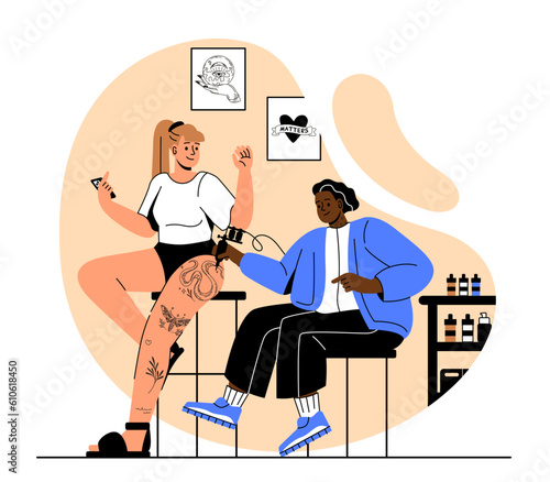 Tattoo artist with client concept. Man applies ink to girls leg in tattoo parlor. Tattooist at workplace. Fashion, trend and style. Guy draws sketch with machine. Cartoon flat vector illustration