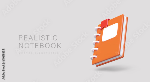 Realistic notepad with spring. 3D notebook with bookmark. Album for scrapbooking. Advertising poster for stationery store. Horizontal vector banner with illustration