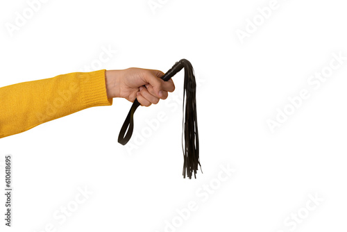 leather whip in hand isolated on transparent background, BDSM accessories