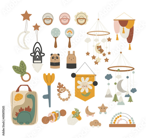 Baby objects in scandinavian style. Rattles and pacifiers, apron and hanging toys. Comfort and coziness in nursery, decor. Cartoon flat vector collection isolated on white background