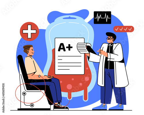 Patient with blood transfusion concept. Man in medical uniform shows contract to young guy. Activist and volunteer, blood donor. Medicine and healthcare, treatment. Cartoon flat vector illustration